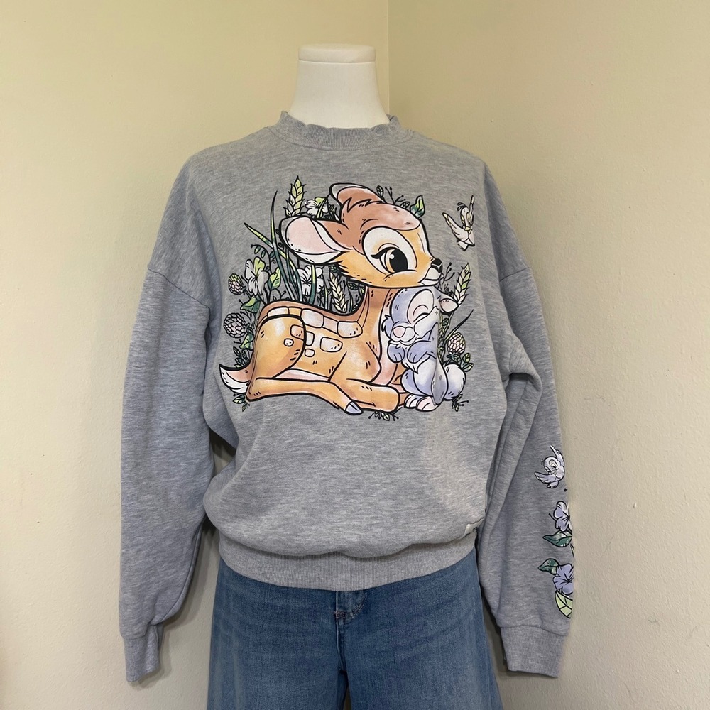Disney Bambi Thumper Graphic Sweatshirt Gray Crewneck Floral Sleeve Small